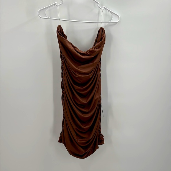 Lulus Exemplary Charm Brown Strapless Ruched Bodycon Mini Dress size L NWT - Picture 6 of 14